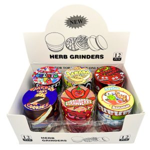 METAL HERB GRINDERS 60MM FRUITS DESSERTS MIXED DESIGNS 12PCS