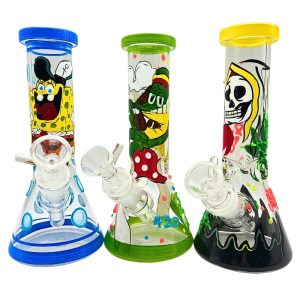 GLASS WATER PIPE HAND-PAINTED CARTOON BEAKER 8" RANDOM DESIGN [NO SHIPPING]