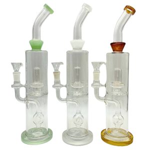 GLASS WATER PIPE BENT NECK DOUBLE PERC 14" RANDOM COLOR [NO SHIPPING]