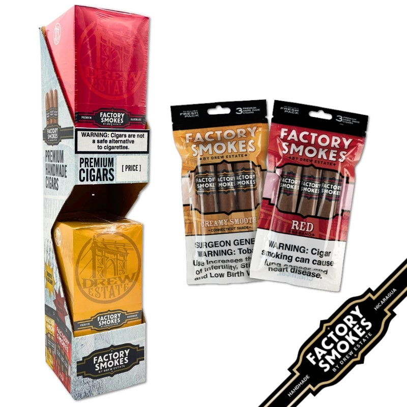 DREW ESTATE FACTORY SMOKES COMBO DISPLAY - RED & CREAMY SMOOTH 5/3 PACKS X2 BOXES
